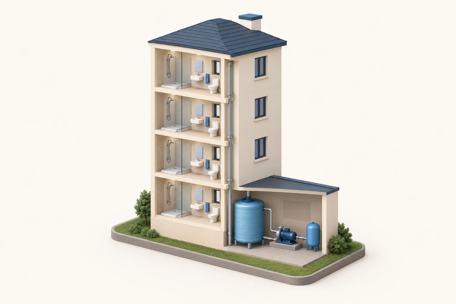 Cutaway of a four-storey building with a pump room: water tank, pump, pressure tank and the HYDROSET controller